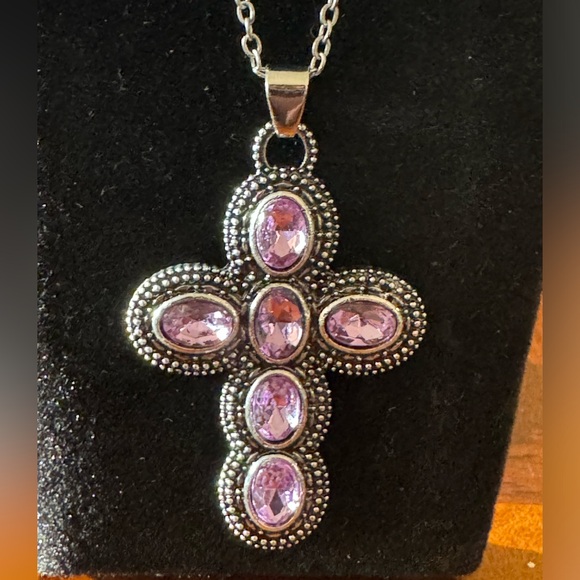 Purple Amethyst, Simulated, Retro Cross Pendant Silver Plated Necklace - Picture 3 of 8